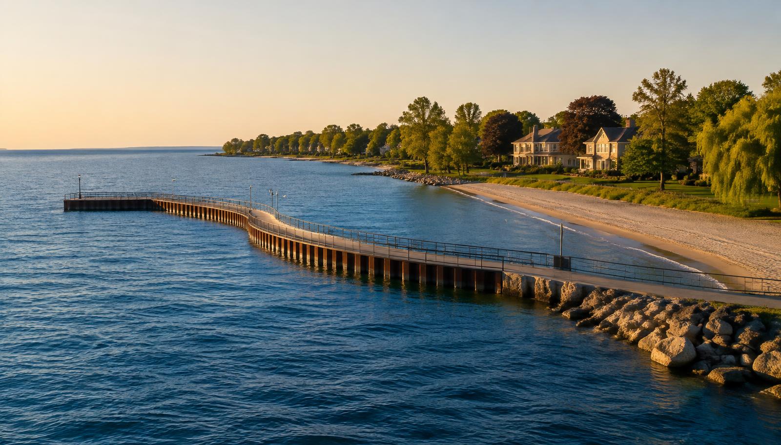 The Burlington waterfront pier and lakeside homes along Lake Ontario